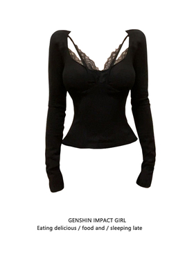 纯欲辣妹蕾丝拼接长袖t恤女新款带胸垫鱼骨设计显瘦绝美别致上衣