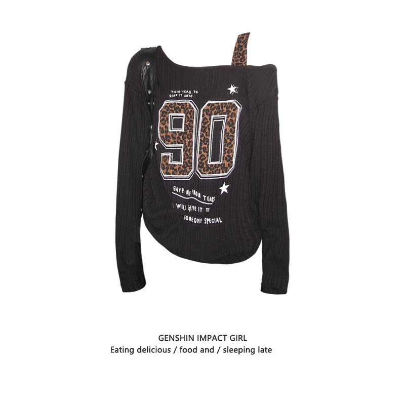 美式辣妹肌理感复古露肩长袖上衣