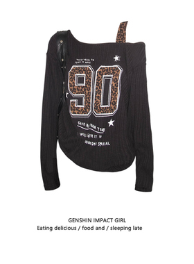 美式辣妹肌理感复古露肩长袖上衣女秋季新款豹纹吊带斜肩显瘦T恤