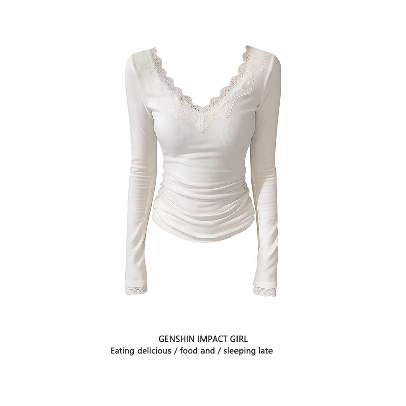 纯欲风V领白色蕾丝上衣打底衫女