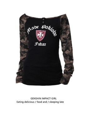 美式风街头迷彩撞色露肩辣妹上衣秋一字肩拼接字母印花长袖T恤女