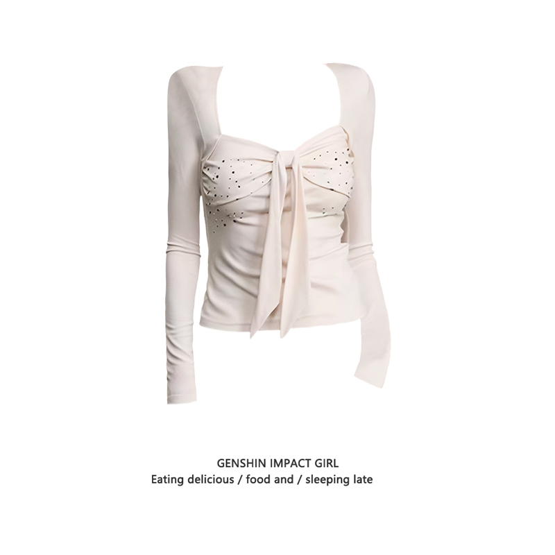 蝴蝶结烫钻短款u领系带上衣女