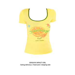 正肩显瘦修身 新款 辣妹上衣 T恤女夏季 黄色多巴胺趣味水果印花短袖