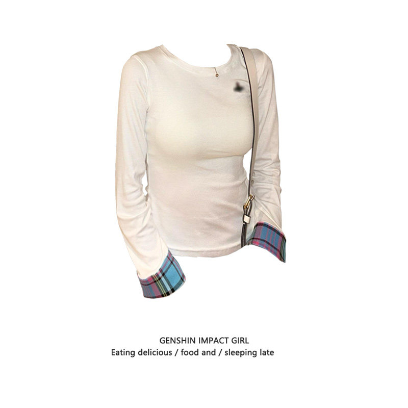 撞色格子拼接长袖T恤女秋冬季新款设计感小众修身内搭打底衫上衣,女装/女士精品,T恤,淘宝优惠券,粉丝福利购,淘宝优惠卷