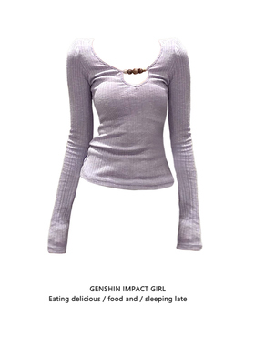 纯欲紫色甜辣妹修身长袖T恤女春季新款小众设计感气质V领镂空上衣