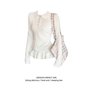 韩系花边下摆娃娃领纽扣长袖内搭T恤女春秋季修身正肩减龄上衣ins