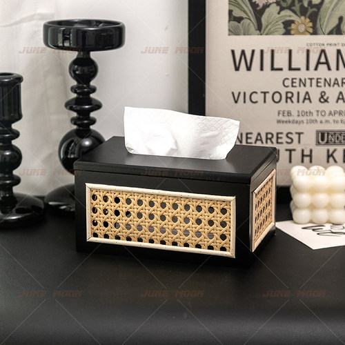 日式木质纸巾盒高颜值简约藤编织抽纸盒家居卧室客厅茶几餐巾纸盒