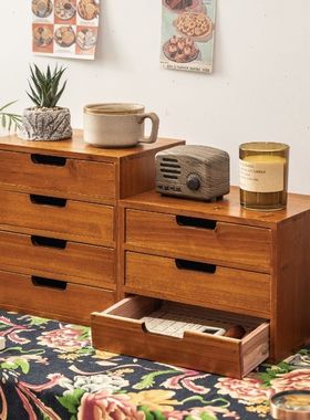 木质桌面抽屉式多层收纳办公储物柜木质化妆品杂物盒显示屏增高架