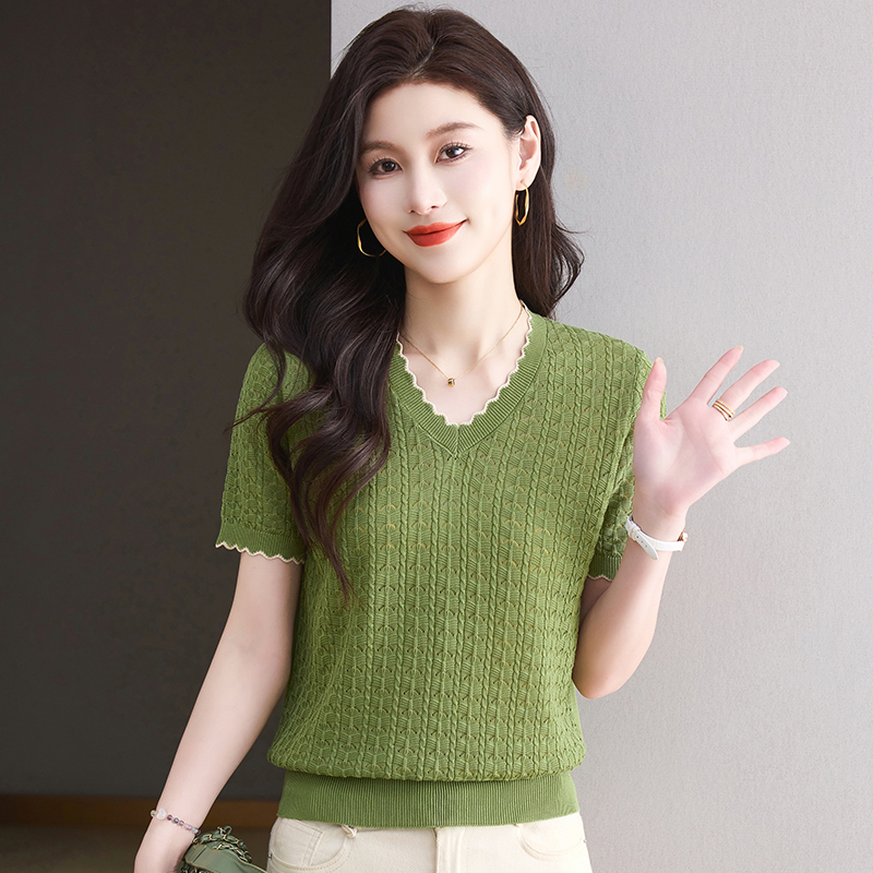 女士高档品牌洋气小衫莱塞尔天丝夏季v领针织短袖t恤妈妈半袖上衣