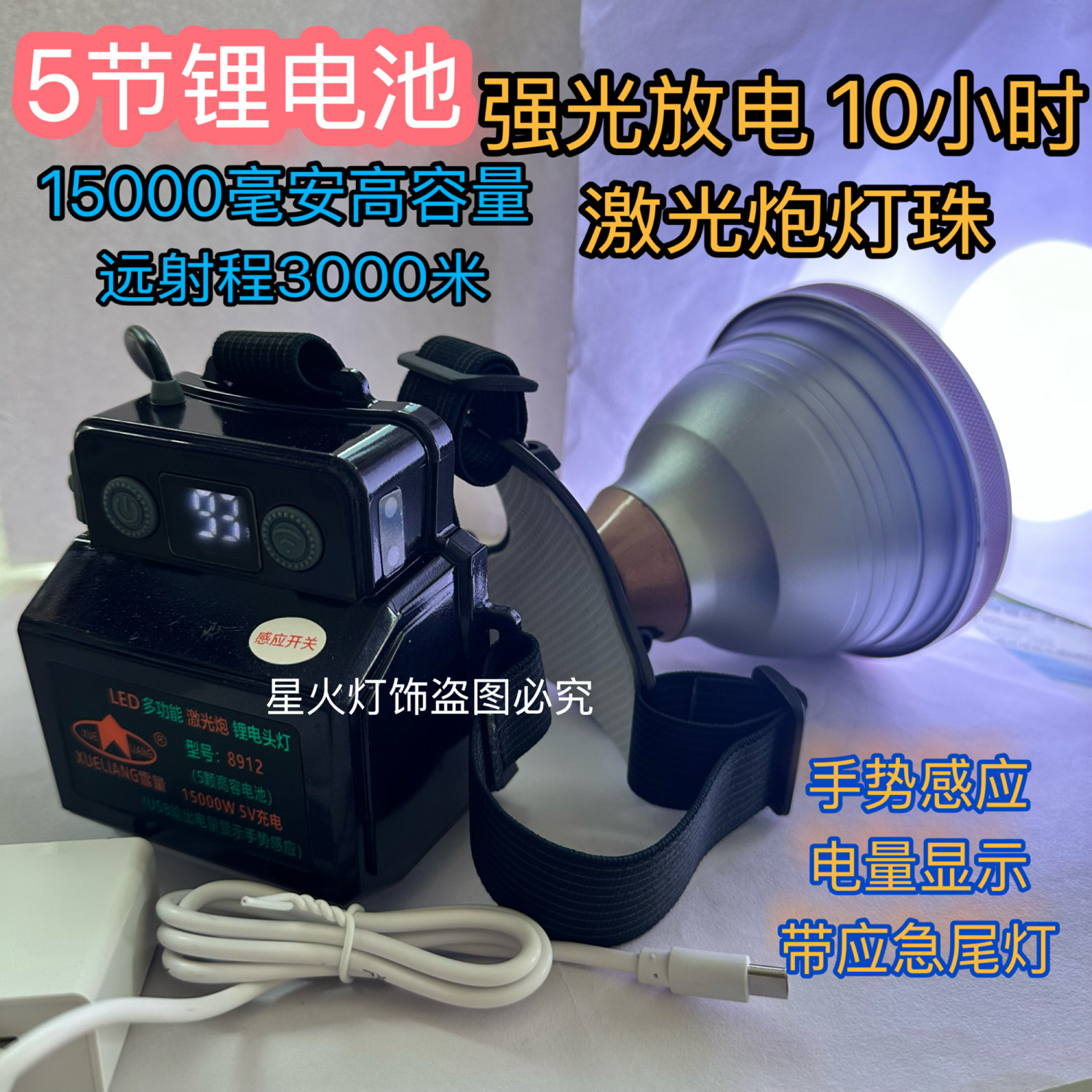 雪量远射感应充电超长续航激光炮头戴式锂电户外头灯强光超亮矿灯