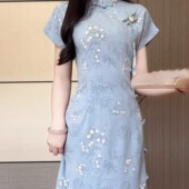 年轻少女新中式 复古棉麻蓝色改良旗袍短袖 新款 抹茶麻薯2026年春季