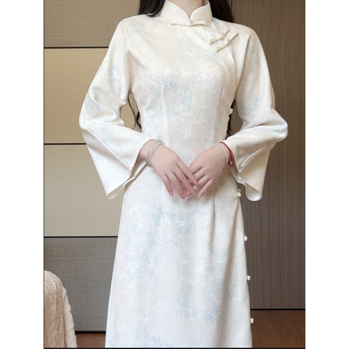 抹茶麻薯2026年浅蓝色春秋全开襟旗袍新中式年轻款少女日常连衣裙