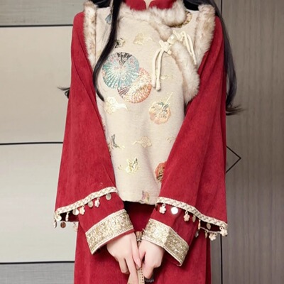 抹茶麻薯2025年秋冬季新款改良马甲旗袍复古民国风灯芯绒少女长裙