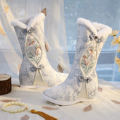 加绒厚底长筒靴古风汉服鞋 冬季 新款 水墨画中国风绣花靴内增高皂靴