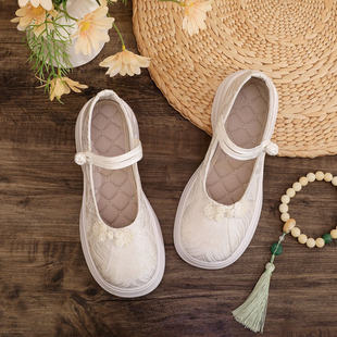 子传统布鞋 厚底增高茶艺旗袍鞋 一字扣带淡雅绣花鞋 国风刺绣小白鞋