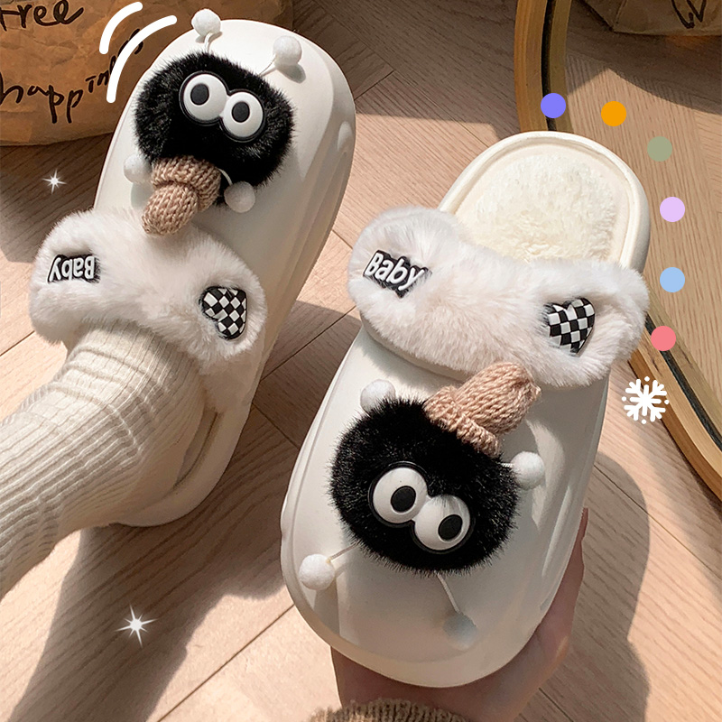 义乌仓-棉拖鞋女秋冬季月子室内家居家防滑厚底亲子踩屎感毛毛绒