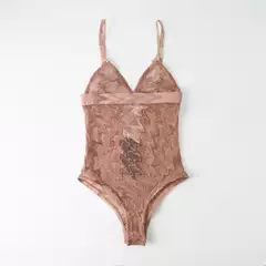 Women's New Lace Embroidered Lettered Bodysuit with Triangle Cups, No Padding, No Underwire, Hollow-Out, See-Through, Sexy Lingerie