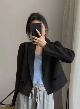 韩系灰色西装外套女短款春夏宽松百搭休闲面试小个子西服女上衣潮