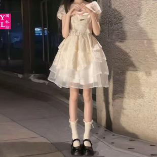 法式初恋白色连衣裙女夏季学生小个子收腰在逃公主蛋糕蓬蓬短裙子
