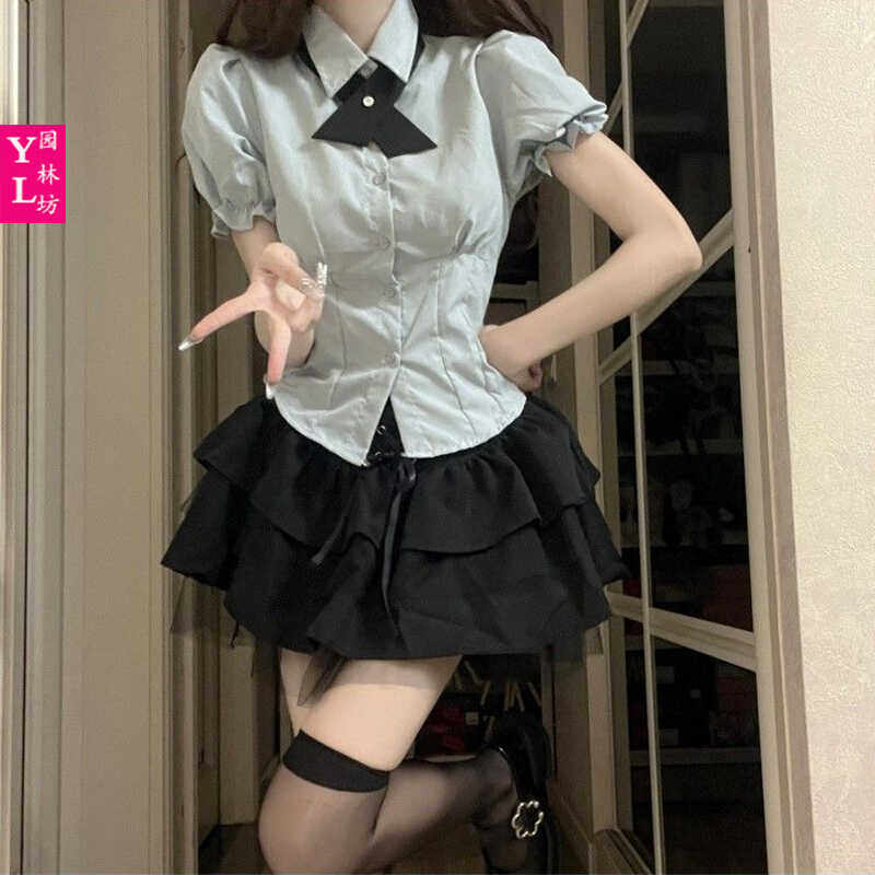 日系JK制服村衫学院风女小个子夏季高级感纯欲性感蓬蓬蛋糕裙套装