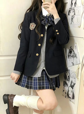 原创jk制服黑色西装女春秋季学院风校供感三粒扣西服JK格子裙套装
