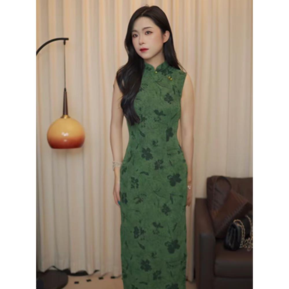 绿侧中式新裙子日常长开叉立领旗袍女气质复古碎花优雅中无袖改良