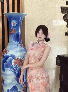 连衣裙款夏季女气质改良年轻旗袍无袖显瘦国风中式修身新淑女粉花