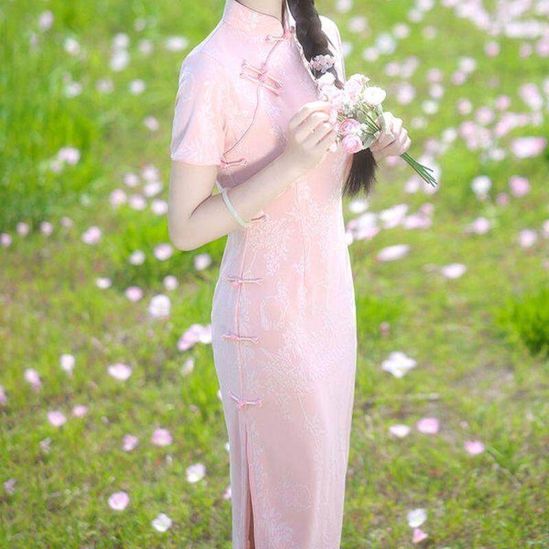 氛围中长款中式粉色提花新改良显瘦绝美国风收腰新款连衣裙旗袍