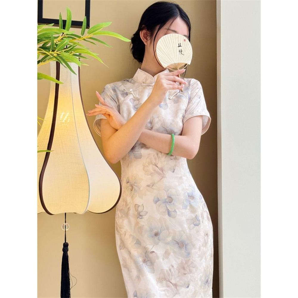 2026水墨绝美新新款气质中式印花旗袍裙连衣裙少女浅杏色款国风