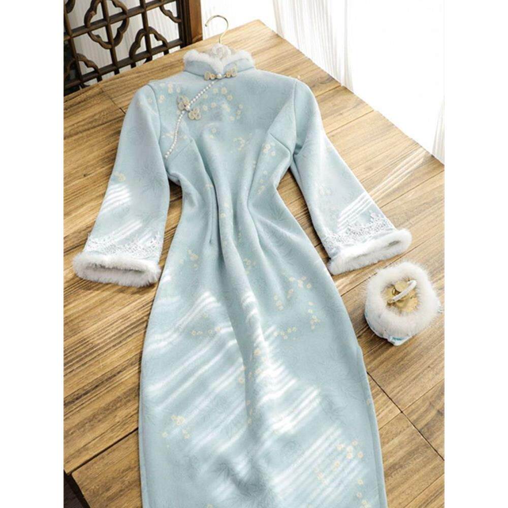 加绒加厚新款淡雅蓝色旗袍日常改良版秋冬保暖婴儿绒气质连衣裙