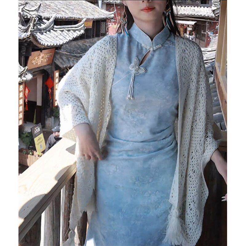 渐变色气质蓝新款中式国风旗袍改良版霾复古新春夏日常短袖连衣裙