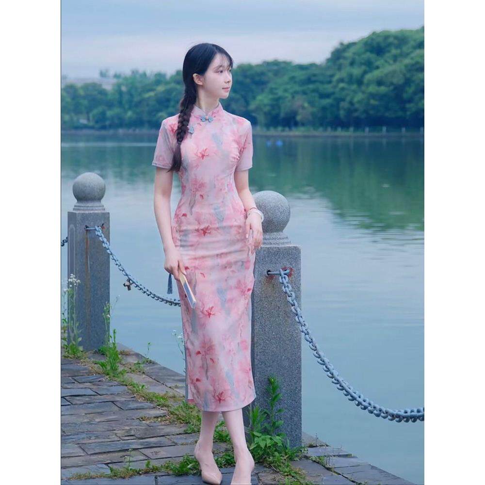 气质中连衣裙款短袖水墨少女年轻修身改良版长江粉色南风感旗袍