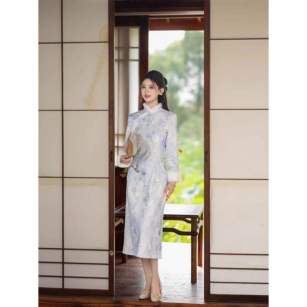 优雅修身蓝色复古气质新款改良连衣裙旗袍保暖加绒绒中长婴儿秋冬