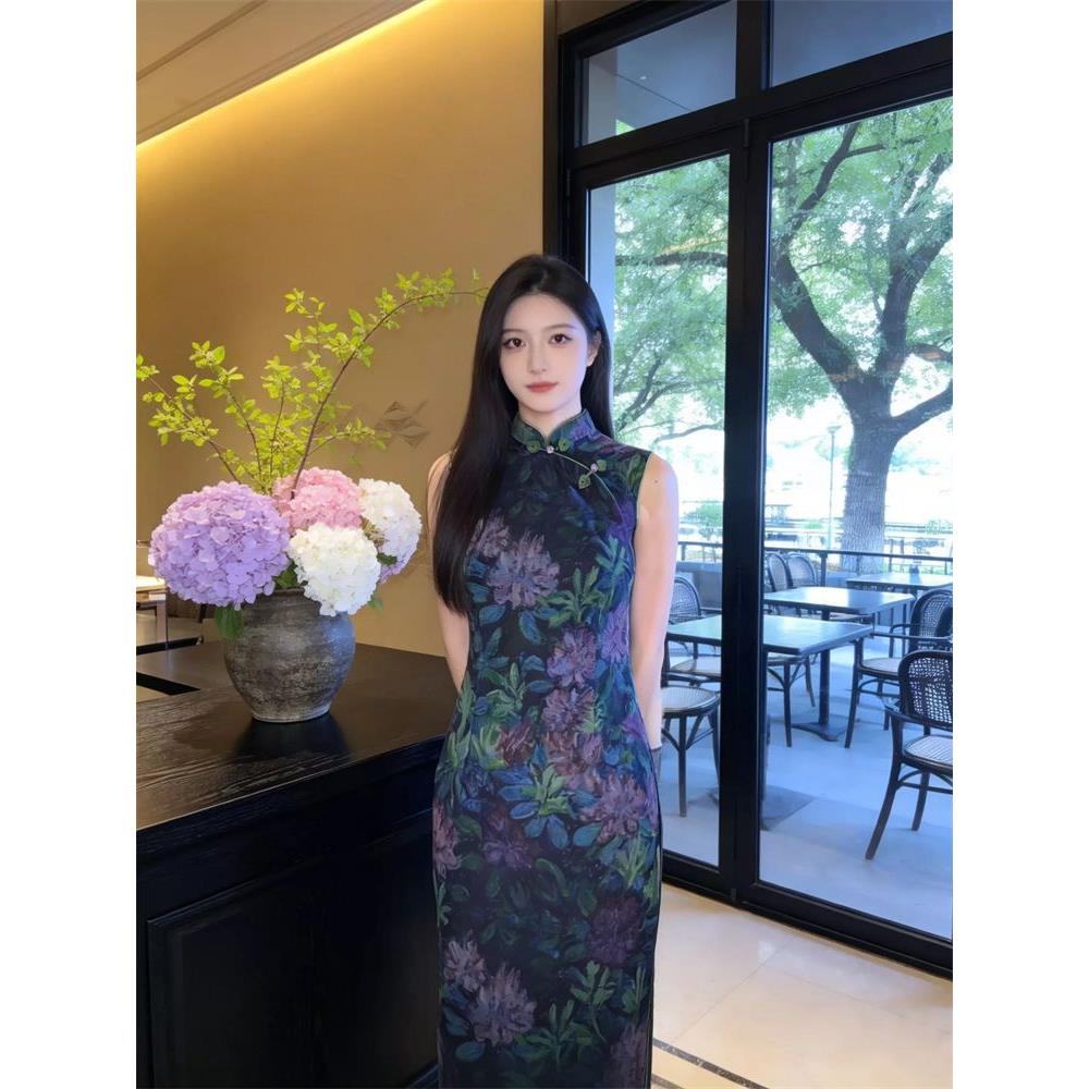 连衣裙无袖开叉侧显瘦修身日常复古国风夏季长款旗袍可穿油画轻奢图片
