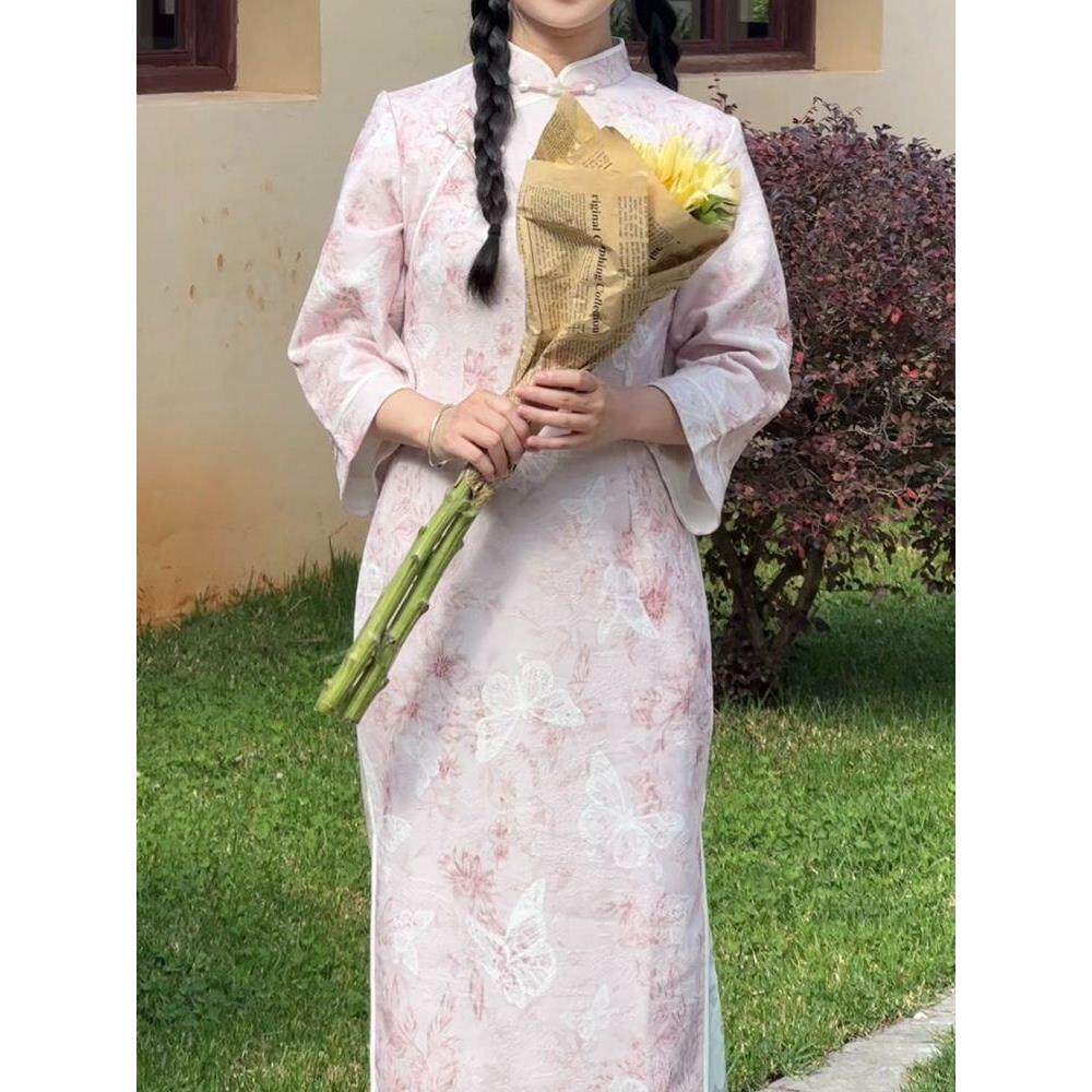 旗袍春秋季中式绝美连衣裙淑女国风新感氛围新款粉色气质提花蝴蝶