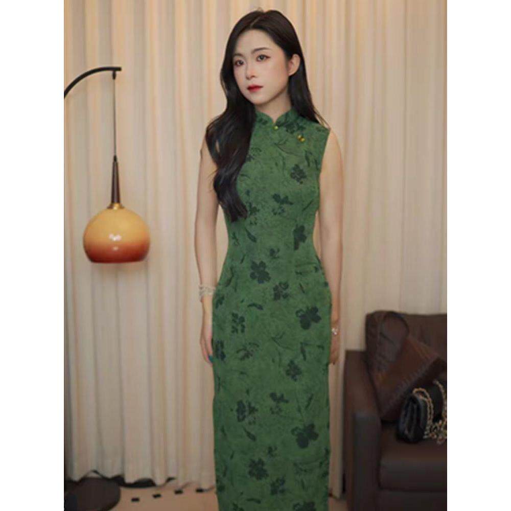 日常优雅中碎花绿新长无袖改良裙子开叉复古中式侧女立领气质旗袍