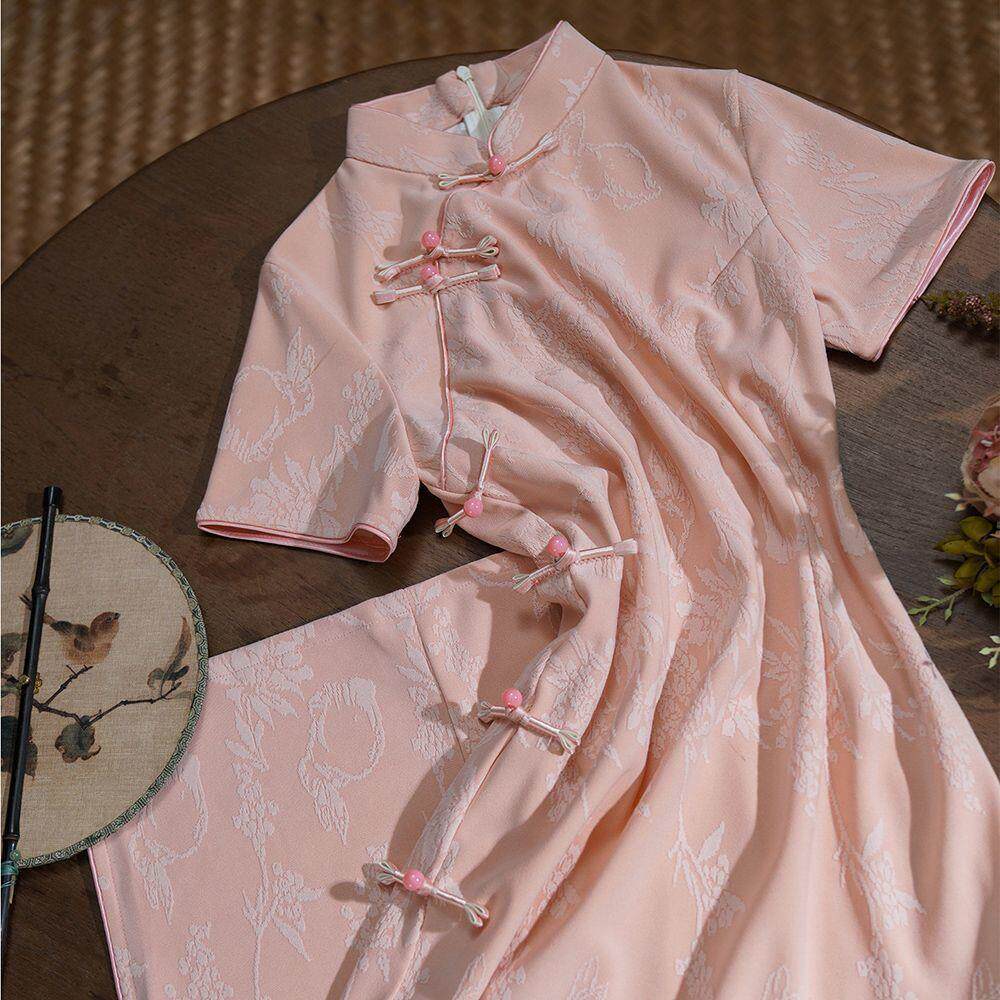 绝腰中长款长袖粉色美国氛围新款中式秋冬提花风收旗袍改良连衣裙