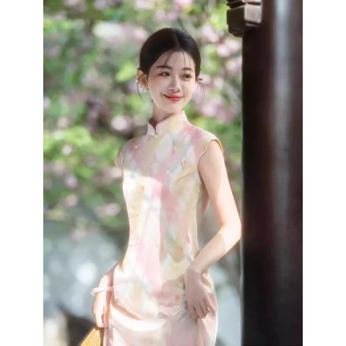 短袖纹风黄格国风新显瘦长修身名媛款晚会连衣裙粉旗袍聚会中式