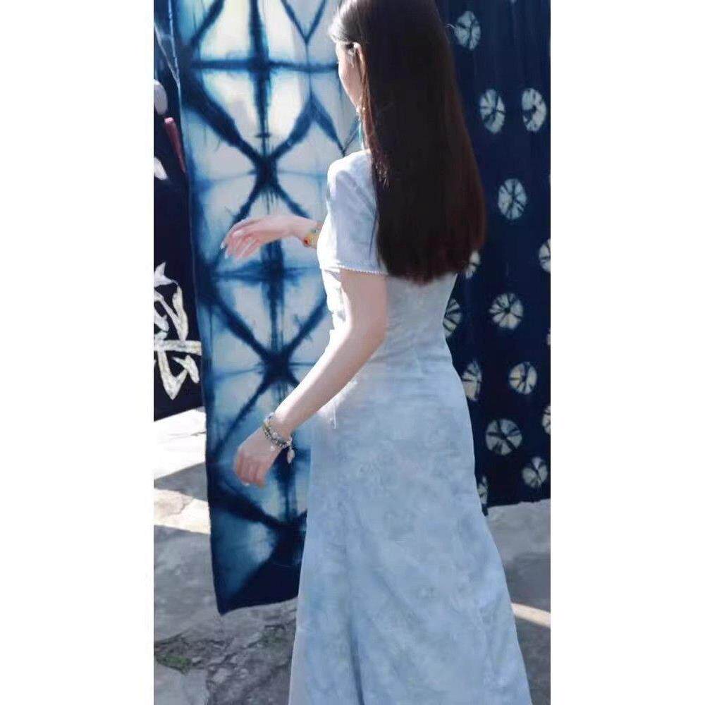 短袖中式旗袍中裙收腰开叉日常改良法式长裙新淑女氛围质感出片气
