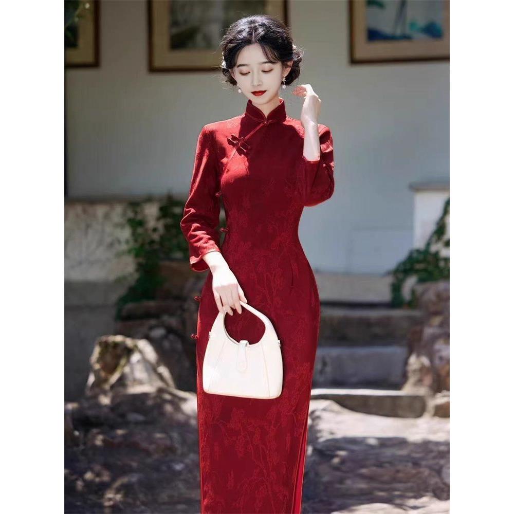 女新扣连衣裙奢礼服红色秋冬高级花盘感提订婚国风长袖中式高端轻