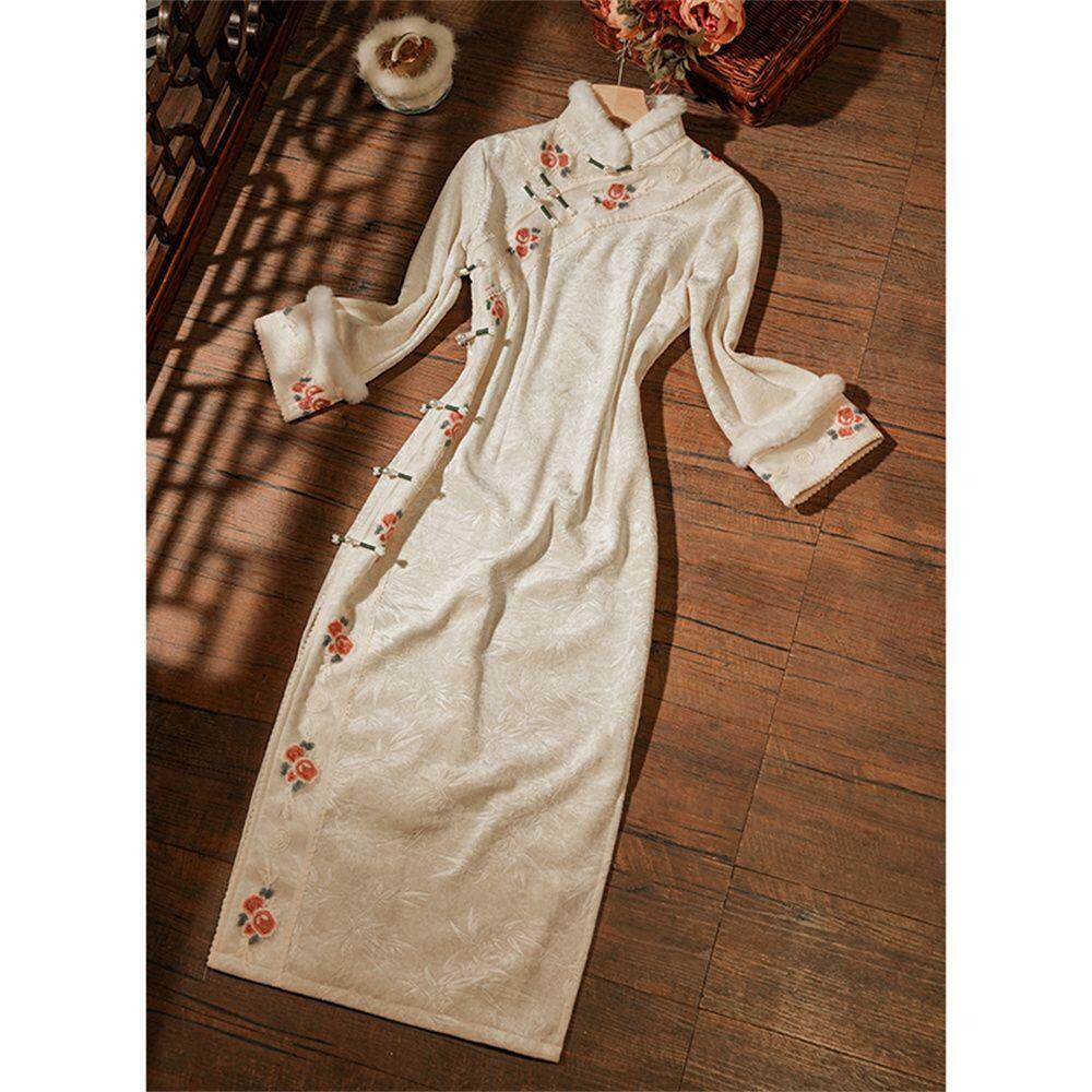 秋冬新款国风复古提花旗袍加绒加厚保暖长袖绒领氛围感中长连衣裙