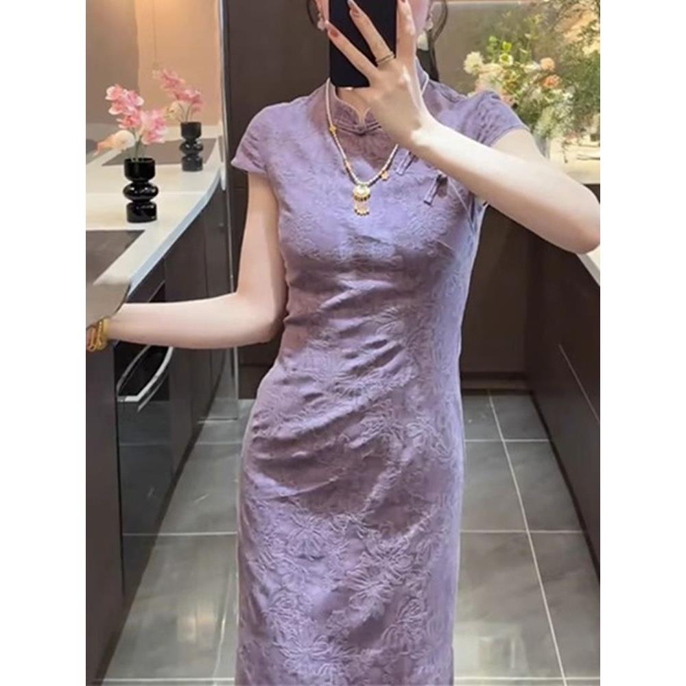 收腰改良国风紫色旗袍绝美韵味日常复古长款连衣裙中式新款旗袍裙