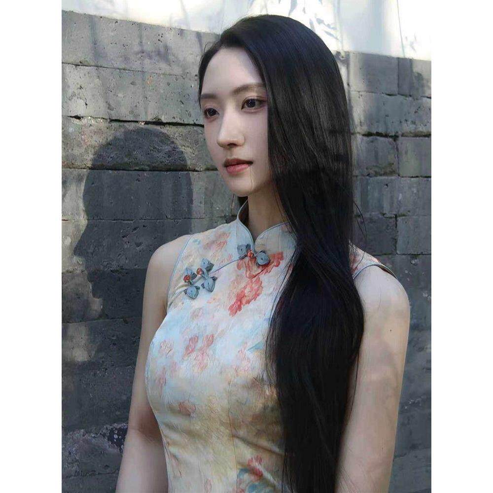 印花无袖唯美温柔改良风显瘦连衣裙收腰出片花卉公主中长款旗袍