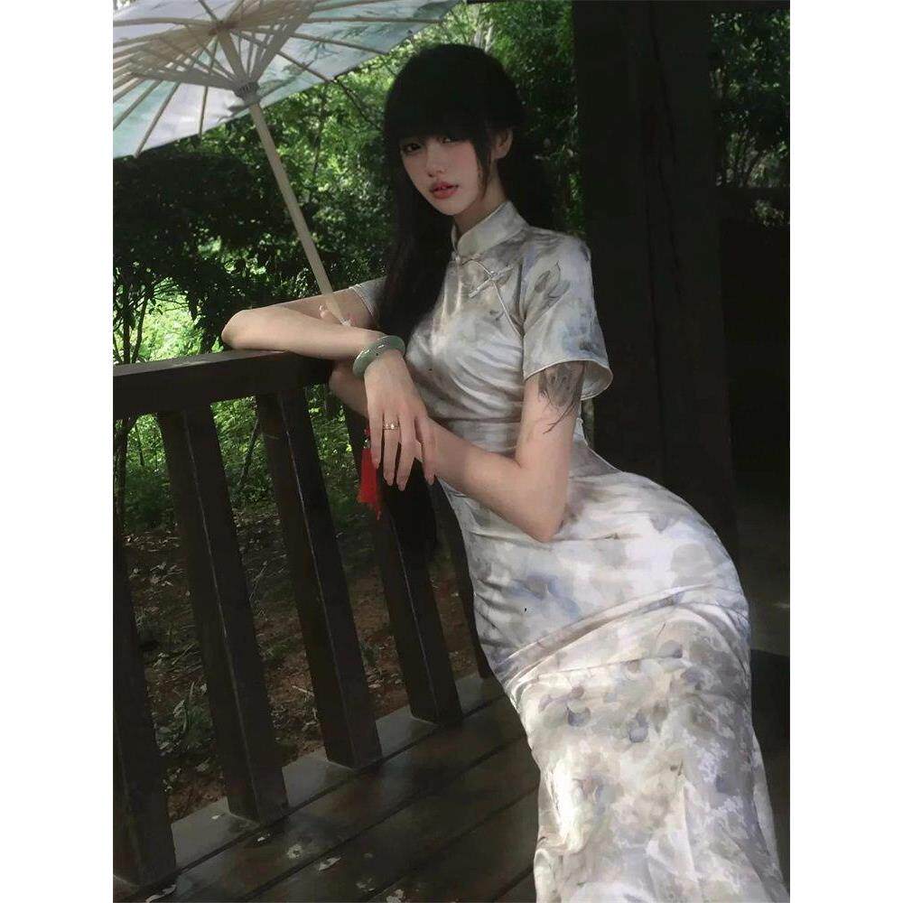 水墨印花复古改良旗袍中长款裙子淑女中式国风浅杏色连衣裙气质新