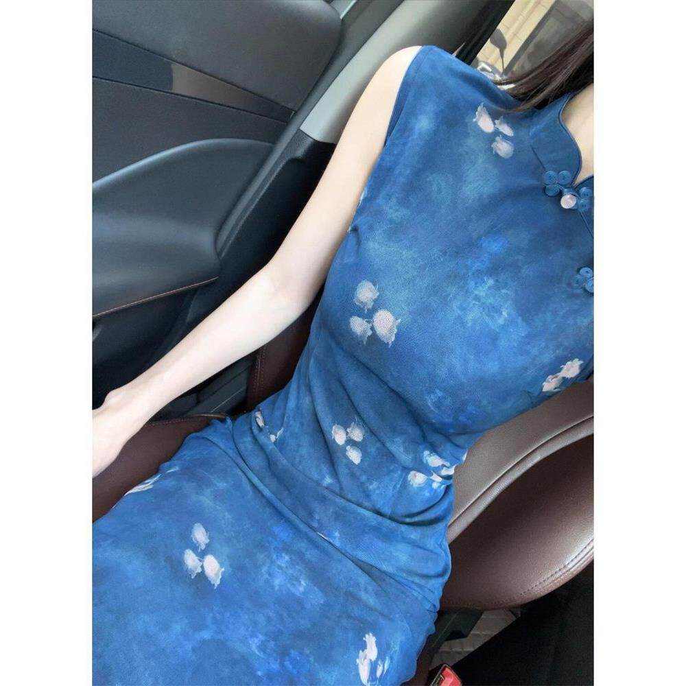 改良侧中式收腰开叉连衣裙款国风新旗袍裙蓝克莱因无袖女显瘦气质