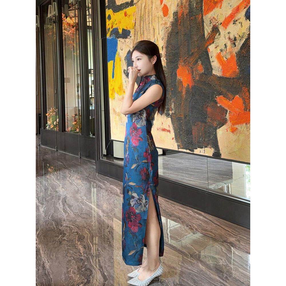 收腰墨蓝中式国风连衣裙气质无袖旗袍立领印花女长款新复古改良
