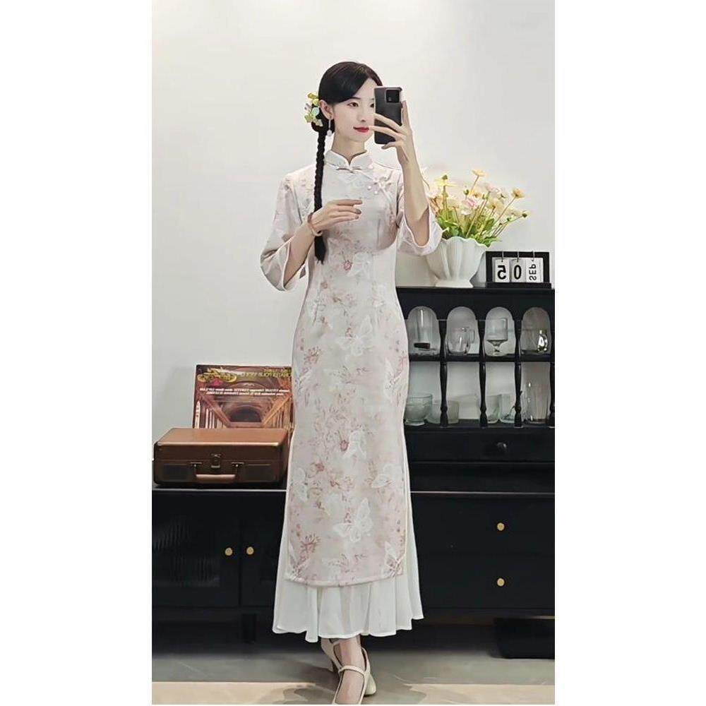 淑女绝美改良款中式连衣裙复古提花少女国风新显粉色瘦旗袍优雅