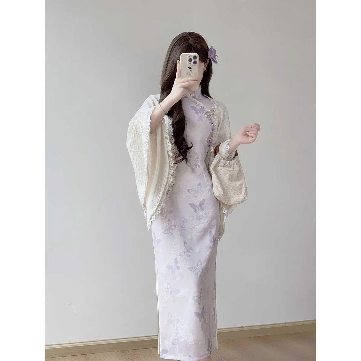 连衣裙江南短袖考风新渐变旗袍裙绝美新款紫色2026夏款中式送淡雅
