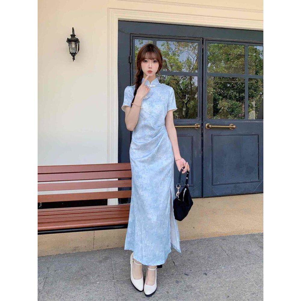 浅蓝色夏季收腰中式国风连衣裙新款改良裙子淑女女旗袍气质长款新