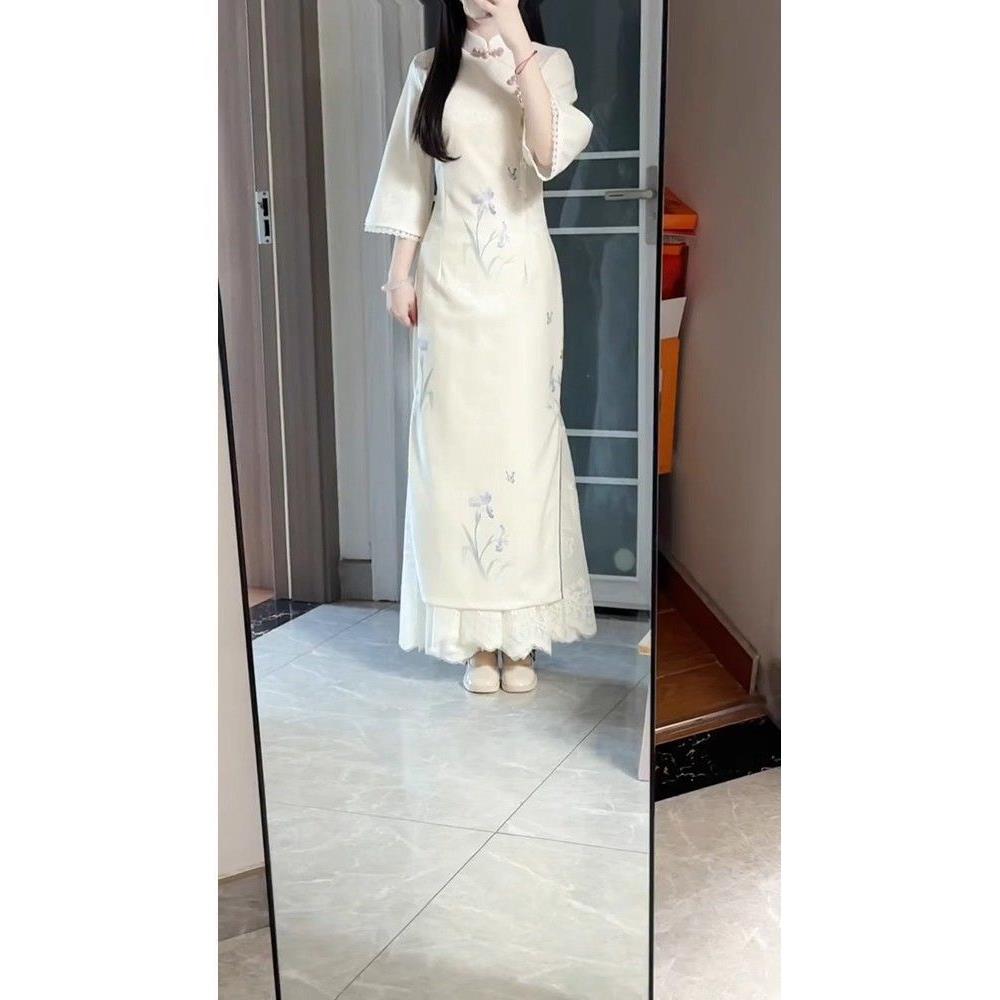 七分瘦袖小个子国风中式改良收款旗袍年轻连衣裙腰显新款白色淡雅